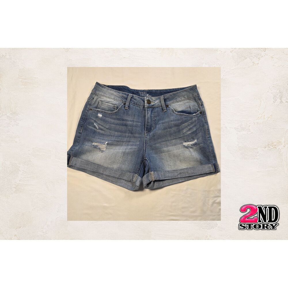 Time and Tru Women's Blue Distressed Cuffed Mid Rise Denim Shorts Size 10